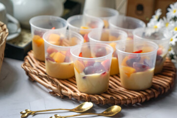 Jelly custard pudding with fresh fruits.