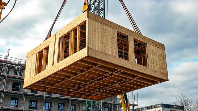 construction site with crane, Modular Home Construction with Crane Installing Building Block