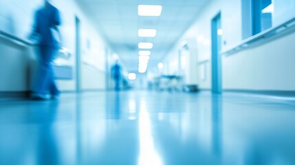 Blurred hospital corridor with medical staff and a gurney in a blue toned environment with bright lights