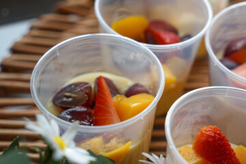 Jelly custard pudding with fresh fruits.