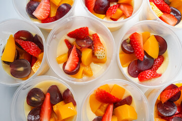 Jelly custard pudding with fresh fruits.