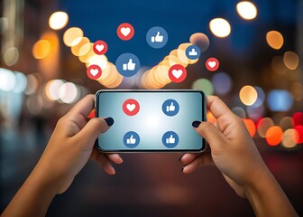 Digital hand holding smartphone with application icons on screen for mobile communication