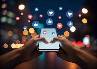 Digital finger touch on smartphone screen with social network icons