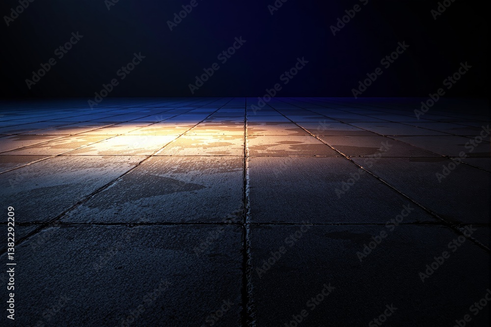 Poster empty wet tiled floor with dramatic lighting in dark space.