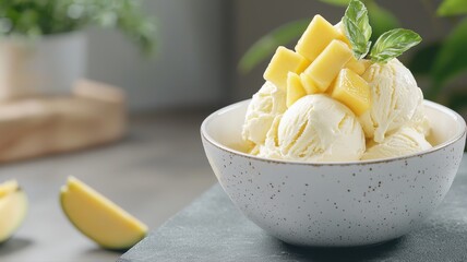 Refreshing mango ice cream served with fresh mango chunks in a stylish bowl, perfect summer dessert.