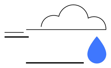 Cloud outline with blue raindrop and horizontal wind lines suggesting weather, climate, rain, water, nature, breeze, or air. Ideal for forecasting, environment minimal visuals flat design nature