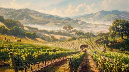 Fototapeta premium A picturesque vineyard landscape with rolling hills and workers harvesting grapes.