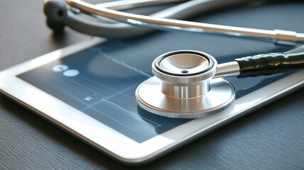 Stethoscope resting on a tablet displaying a graph for medical data analysis and diagnostics