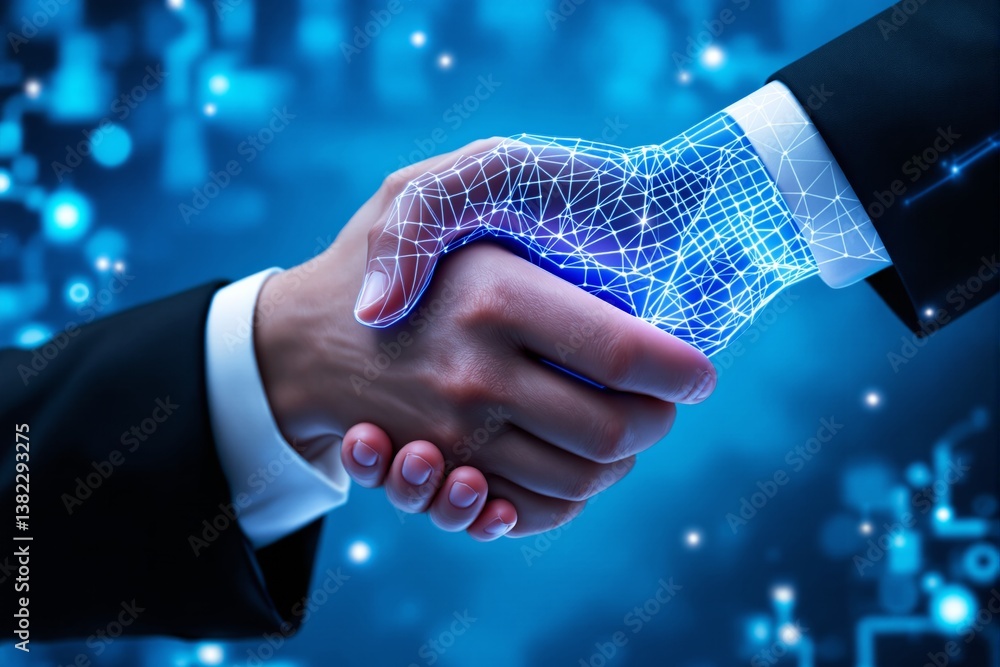 Poster digital handshake between human and artificial intelligence in a business concept.