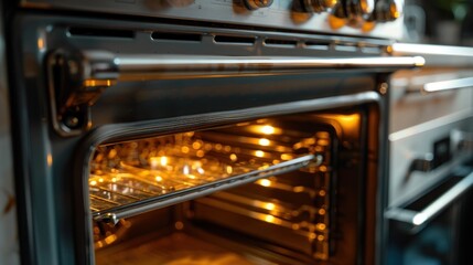 Obraz premium Close-up of an Open Oven Door Interior Illuminated with Warm Light