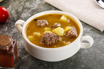 Soup with beef meatball and vegetables