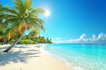 Tropical beach with palm trees and clear blue sky.