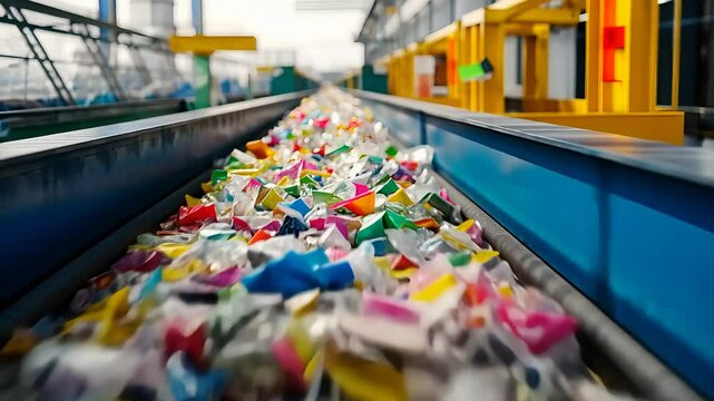 Plastic Waste Conveyor System in Recycling Facility with Vibrant Colors and Industrial Machinery

