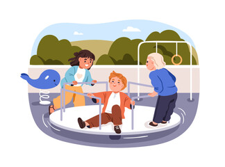 Children on merry-go-round at playground. Happy kids spinning carousel, outdoor fun, activity. Preschool boys and girl playing, riding roundabout. Flat vector illustration isolated on white background
