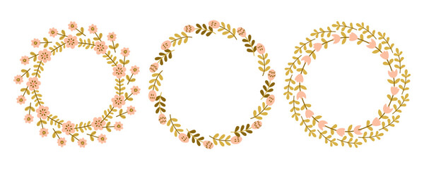 Spring flower circle frame set. Floral circle frame. Hand drawn botanical round border, laurel, wreath with branches, leaves and flowers illustration for wedding invitation, card, logo