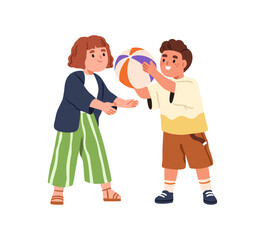 Kids with ball. Happy children, boy and girl playing game together, sharing toy. Preschool friends, kindergarten toddlers, outdoor activity. Flat vector illustration isolated on white background