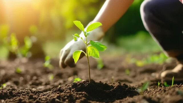 A young child planting a small sapling in rich soil. Eart day concept.