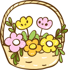 Cute Spring Basket with Flowers Doodle Hand Drawn
