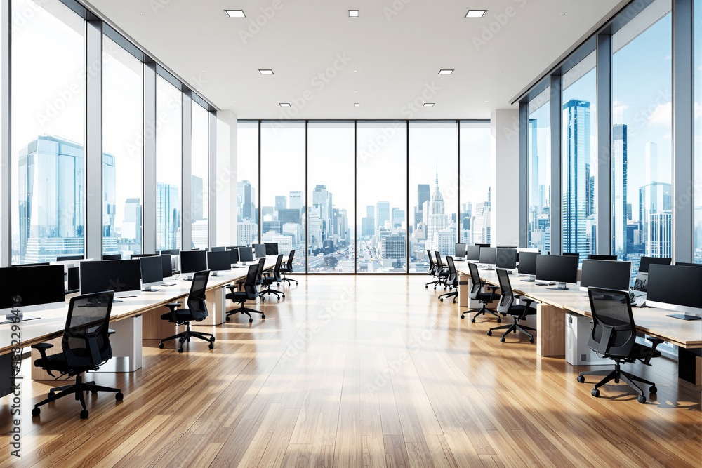 Poster modern office space with open-concept desks and panoramic city skyline view through large glass wind