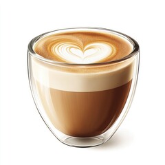 Glass cup of coffee with heart latte art
