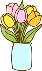 Cute Retro Spring Tulip Flowers in Vase Doodle Hand Drawn
