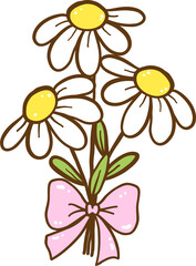 Cute Retro Spring Bunch White Daisy Flowers with Bow Doodle Hand Drawn