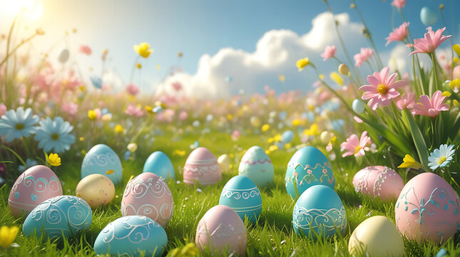  Easter day celebration with pastel tone easter eggs in a joyful setting of spring