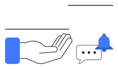 Open hand extended in offering gesture, speech bubble, notification bell. Ideal for assistance, support, communication, messaging, notification alert system customer service. Flat simple metaphor