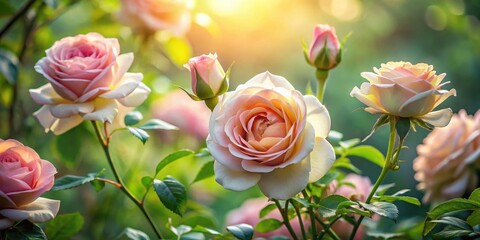 Obraz premium A sunlit garden showcasing the delicate beauty of fully bloomed roses and tightly furled buds