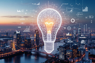 Futuristic light bulb hologram over modern city skyline at dusk.