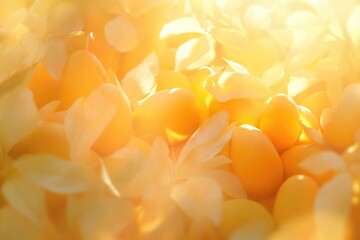 Sunlit yellow Easter eggs nestled amongst delicate, pale petals.