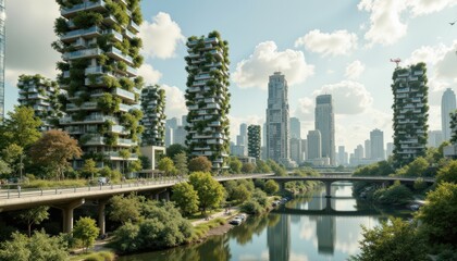 Fototapeta premium A futuristic eco city with vertical gardens and renewable energy sources