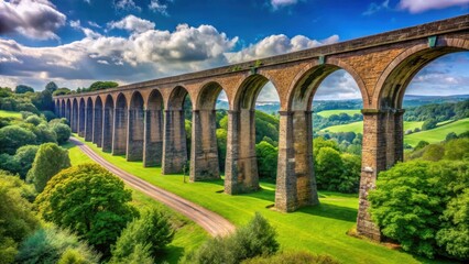 Fototapeta premium Majestic Stone Arch Bridge Spanning Verdant Valley Landscape Under a Summer Sky