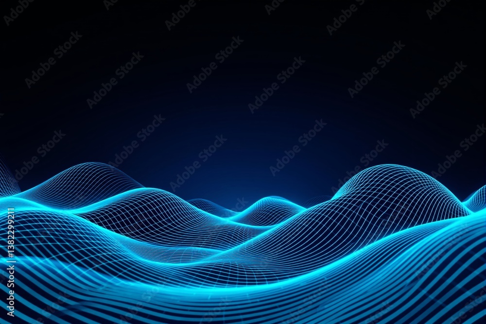 Poster futuristic glowing blue wave grid background in digital abstract style.