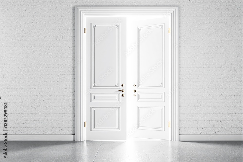 Poster elegant white double doors slightly open with bright light shining through in a minimalistic interio