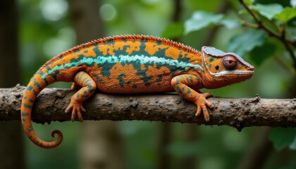 Close up of a vibrant chameleon changing colors on a tropical tree branch