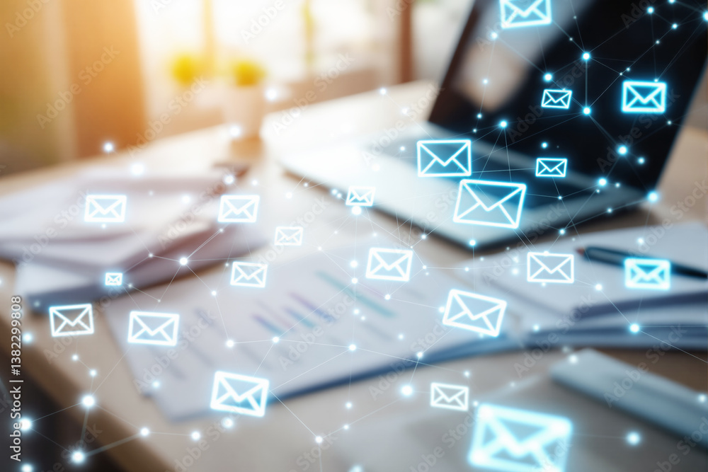 Poster digital email communication concept with glowing envelope icons over office desk with laptop and doc