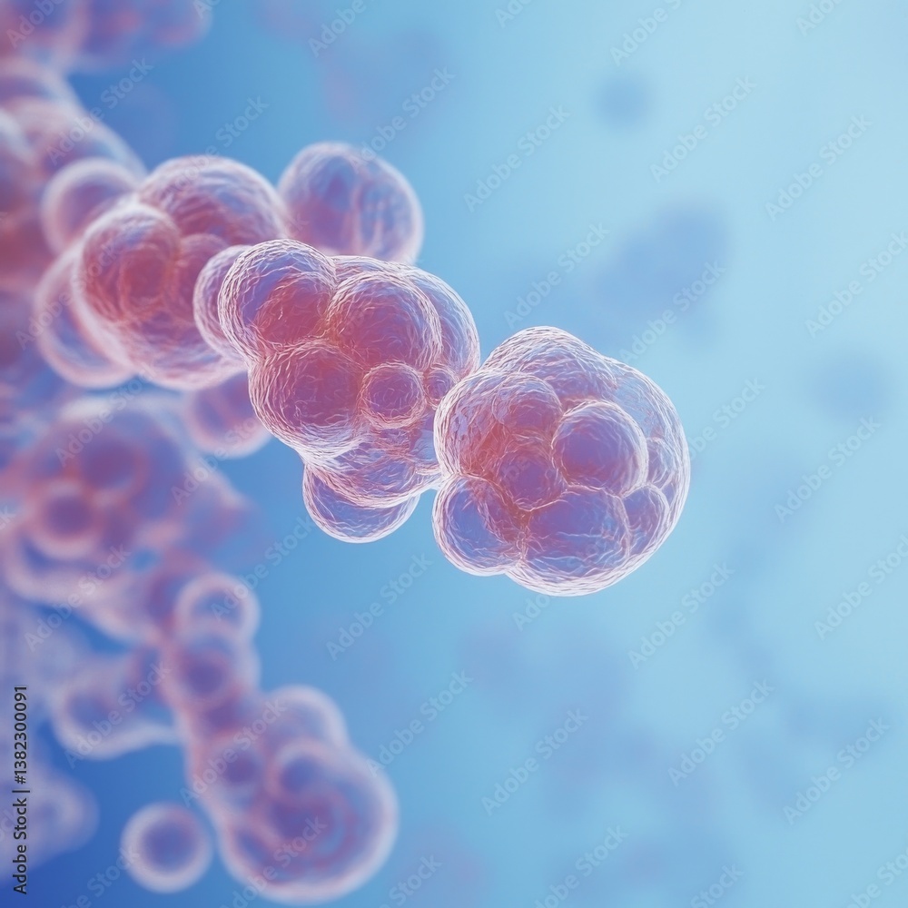 Poster a close-up view of microscopic cells, showcasing their intricate structures and soft hues against a 