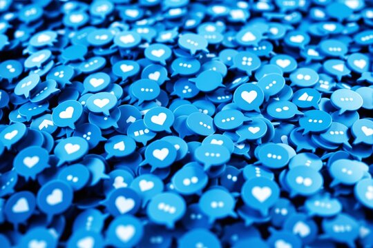 Pile of blue social media icons with hearts and speech bubbles.