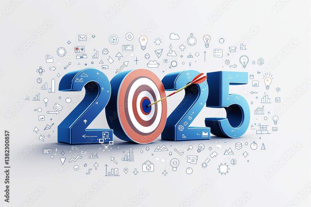 Poster bold blue 2025 numbers with a target in place of zero, hit by an arrow, surrounded by business and t