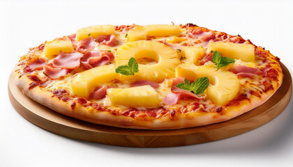 delicious Hawaiian pizza with pineapple and ham on a white background