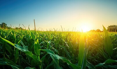 Fototapeta premium Corn Field at Sunrise Agriculture Landscape with Vibrant Sunlight