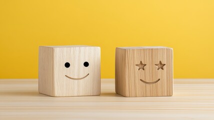 Obraz premium Two wooden blocks with smiling faces against yellow background, symbolizing happiness and creativity.