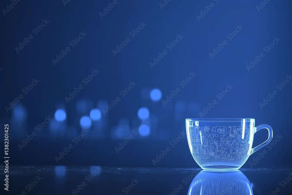 Poster a transparent cup sits on a reflective surface, illuminated by soft blue light, creating a serene an