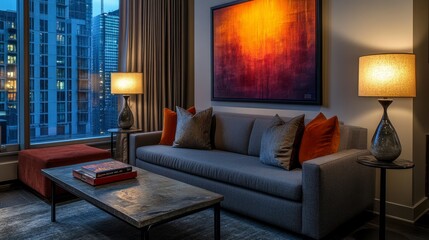 A contemporary living space with grey couch, artistic coffee table, and softly glowing lamps for a perfect evening ambiance.