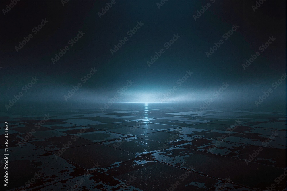 Poster Mysterious illuminated horizon over wet tiled surface in dark atmospheric scenery.