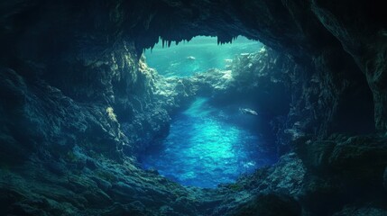 Inside a vast sea cave, the brilliant blue water beyond glows under the sun, creating a breathtaking contrast of colors.