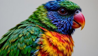 Obraz premium The side view closeup of the lorikeet green naped bird captures its vibrant plumage, showcasing a kaleidoscope of colors ranging from deep emerald green to brilliant shades of blue, yellow, orange