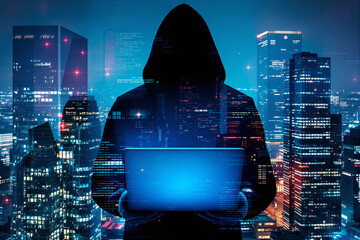 Cybercriminal in hood with laptop against digital cityscape at night.