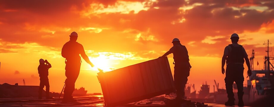 Skilled labor pride Skilled labor pride Silhouetted workers transporting container at sunset in a bustling port.
